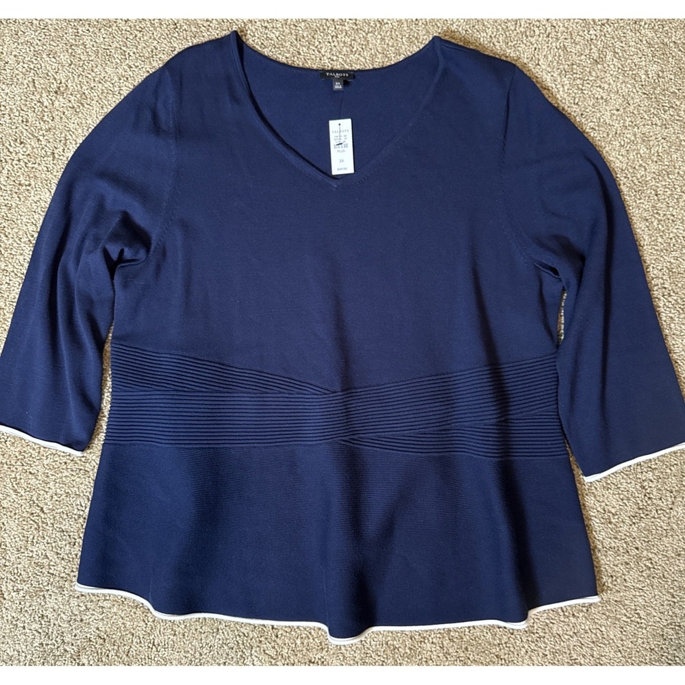 Talbots Women's 2XL XXL Peplum Top 3/4 Sleeve‎ V Neck Navy White NWT $99